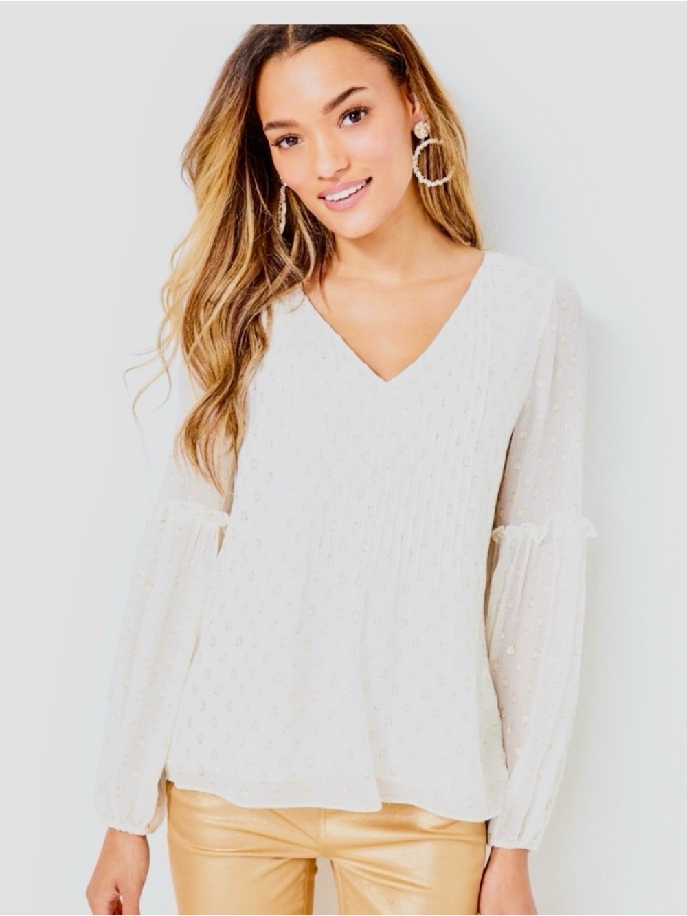 Lilly Pulitzer Cleme Long Sleeve Top Coconut Viscose Metallic Clip Dot—WORN ONCE